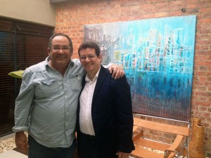 Con Albertico Pujol en Bogotá. A nuestras espaldas, un cuadro pintado por Albertico, 22 de septiembre de 2013.