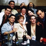 Along with other writers Cubans living on the island and exile. From left. to right: Seated: Sifredo Ariel, Patricia Gutiérrez Menoyo and Emilio García Montiel. Standing second row: Amir Valle, Odette Alonso, Rita Molinero, Miguel Mejides. Third row: Agustín Labrada, Andrés Jorge and Guillermo Vidal. Feria Internacional del Libro. Guadalajara, Mexico, 2002.