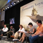 Etonnants Voyageurs 2010. In the public television program  "Dire le réel". From the left to the right: the moderator, Owen Mathews (England), Patrick Rambaud (France), the presenter of the television program, Anne Nivat (Francia), Amir Valle and Qjinti Oblitas, his translator, Saint Malo, France, May 2010.