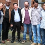 Con los colegas escritores del PEN Enoh Meyomese (Camerún), Yamen Hussein (Siria), Zobaen  Sondhi (Bangladesh) y Liu Dejun (China), en Hanover, octubre de 2017.