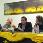 En Ravena, de izquierda a derecha: la editora Alessia Carpinelli Tricarico, el escritor guatemalteco Dante Liano, Amir Valle y el escritor italiano y traductor Giovanni Agnoloni, durante el Festival de Literatura Negra