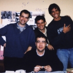 With Spanish writers Javier Azpeitía (at his right) and José Huerta (seated) from the publishing house Lengua de Trapo, and Uruguayan Daniel Mella. Madrid, Spain, 1999.